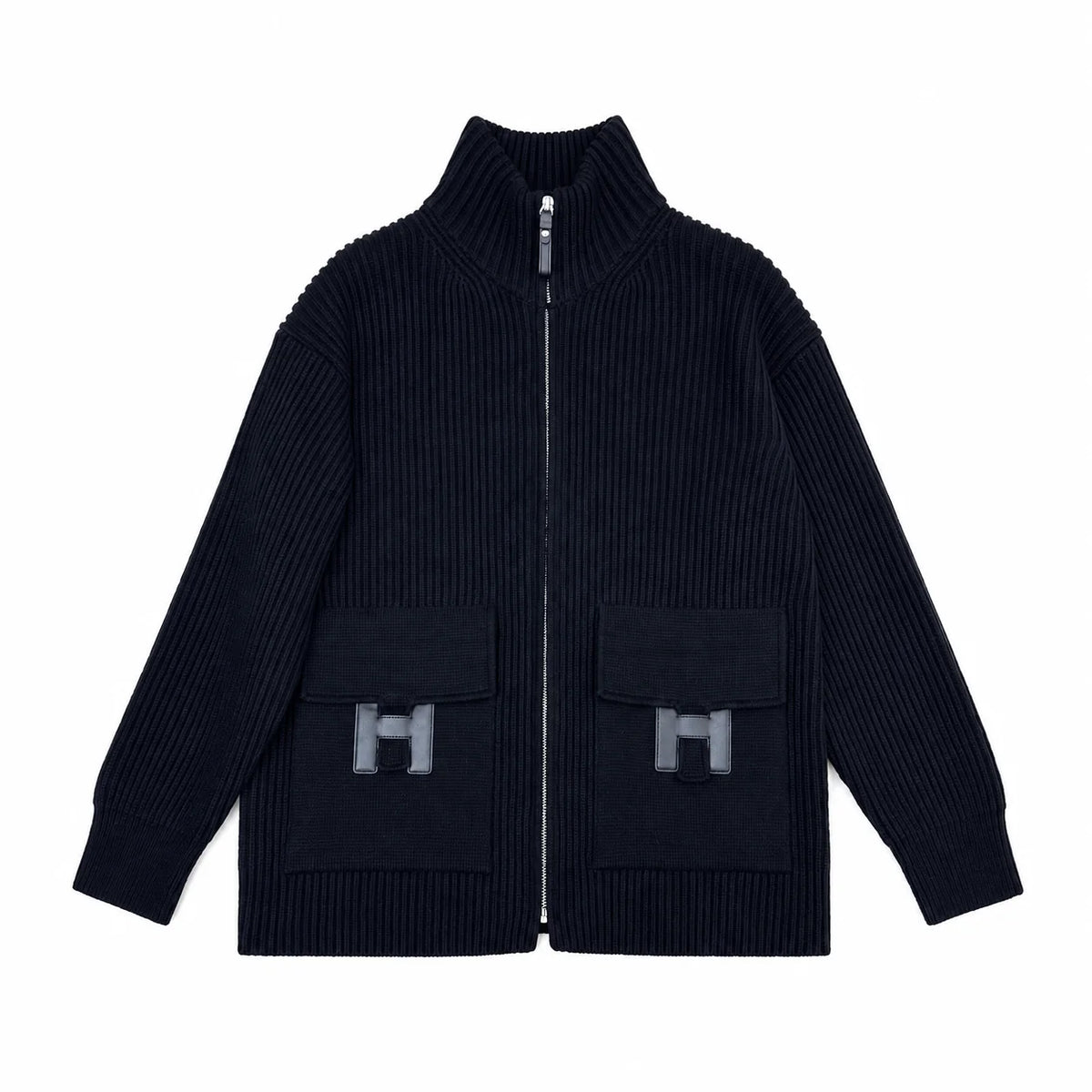 "H" Rib Zip Knit Cardigan
