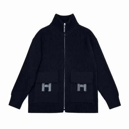"H" Rib Zip Knit Cardigan