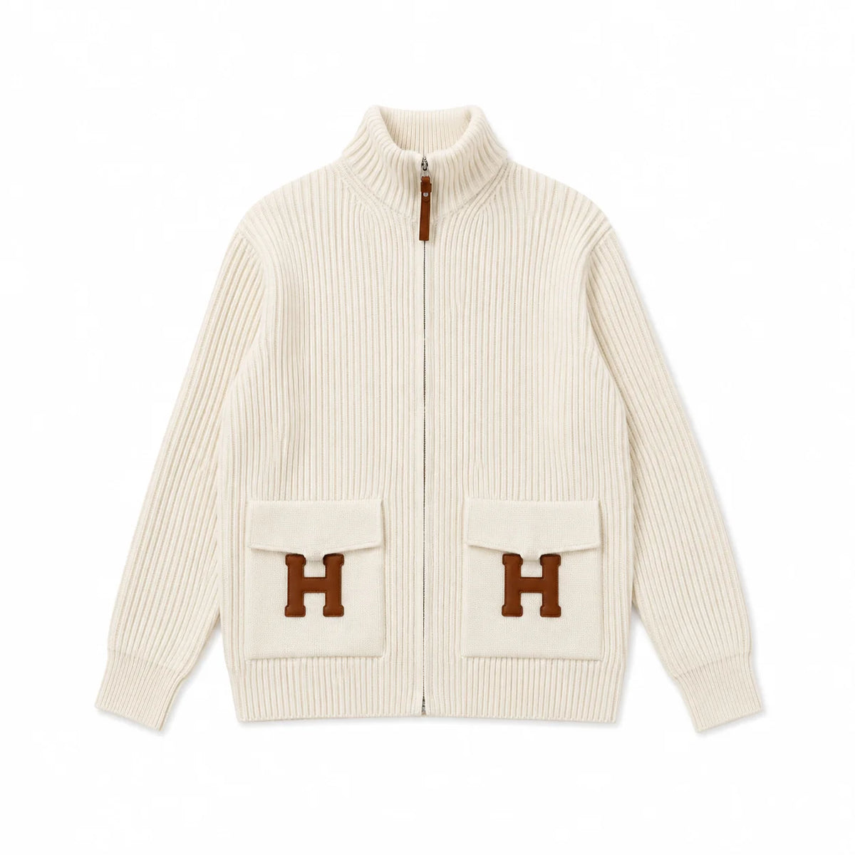 "H" Rib Zip Knit Cardigan