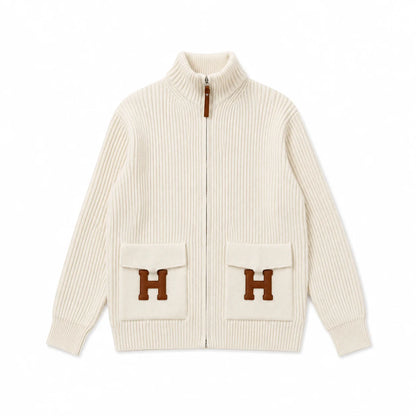 "H" Rib Zip Knit Cardigan