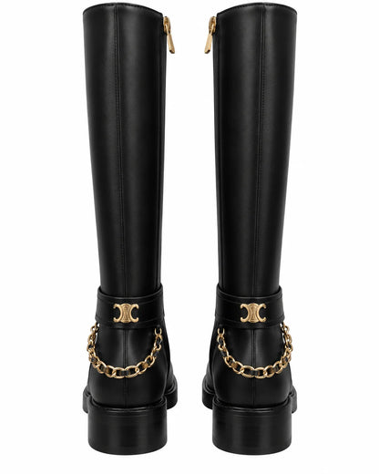 "CC" Calfskin Knee-High Chain Boots