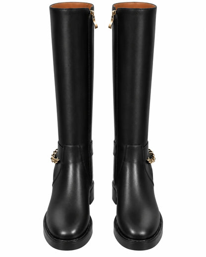 "CC" Calfskin Knee-High Chain Boots