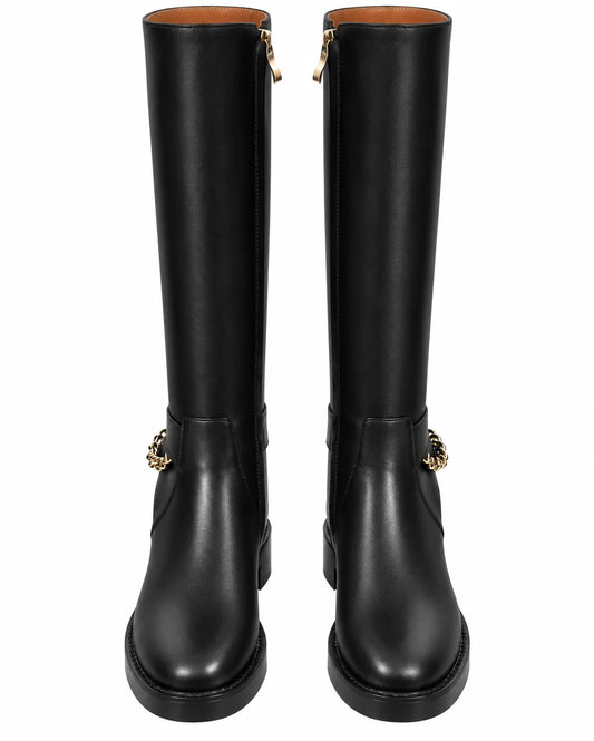 "CC" Calfskin Knee-High Chain Boots